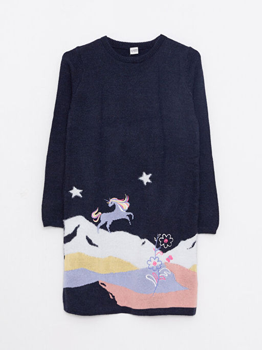 Bisiklet Yaka Desenli Uzun Kollu K?z ?ocuk Triko Elbise