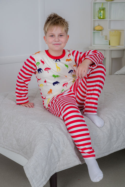 Пижама детская из джемпера и брюк без манжет из интерлока Сафари красный полоса - Амадэль фото 17