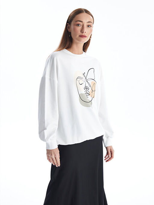 Bisiklet Yaka Bask?l? Oversize Kad?n Sweatshirt