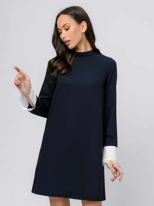 Платье темно-синее длины мини с белыми манжетами и воротником - 1001dress фото 5