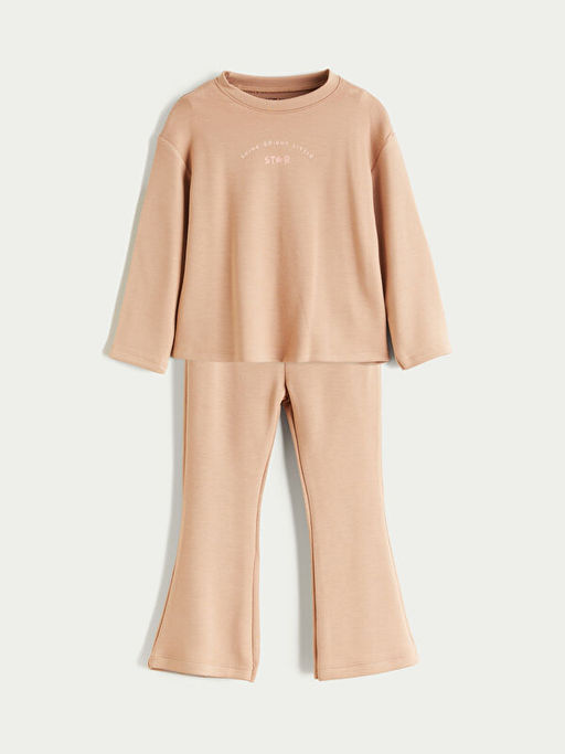 Bisiklet Yaka Bask?l? K?z Bebek Sweatshirt ve Tayt 2li