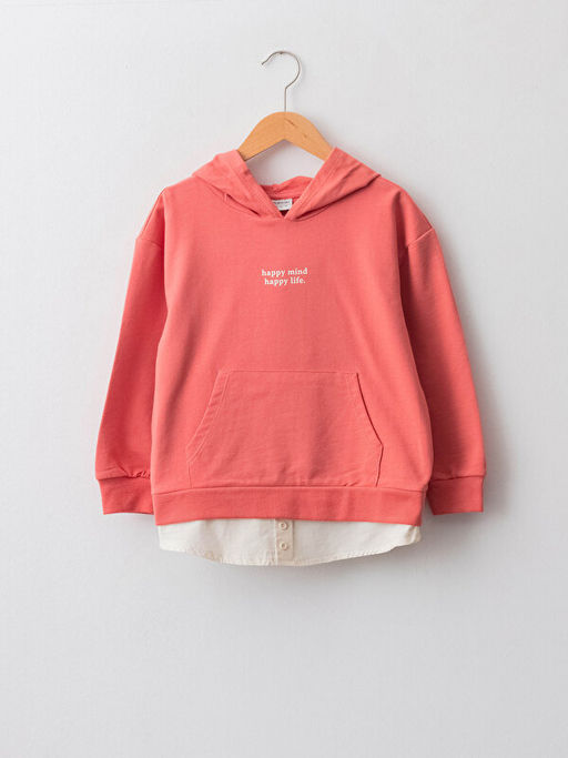 Kap??onlu Bask?l? Uzun Kollu K?z ?ocuk Sweatshirt