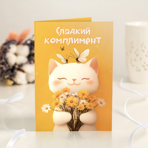 Открытка 4 шоколадки "Сладкий комплимент (котик на жёлтом фоне)"