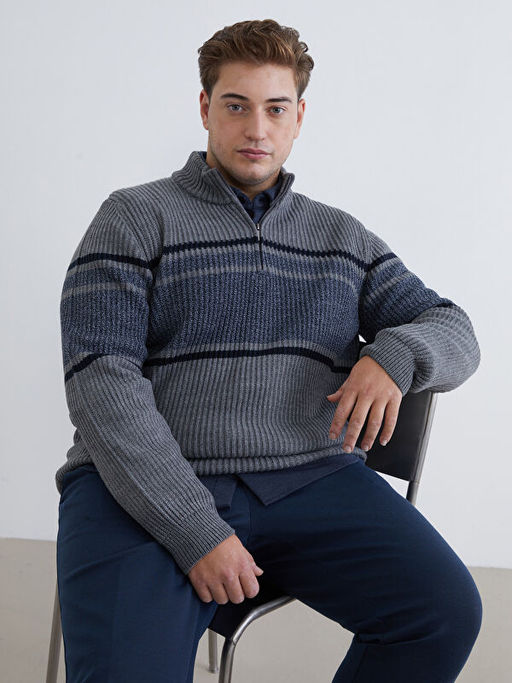 Dik Yaka ?izgili Erkek Triko Kazak