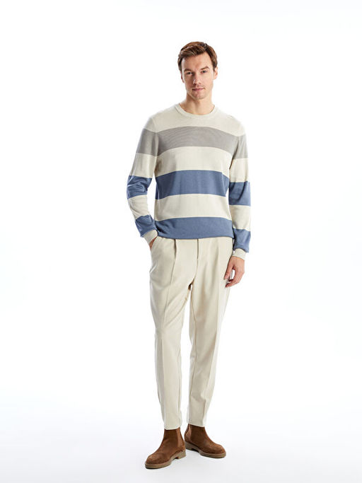 Bisiklet Yaka Uzun Kollu ?izgili Erkek Triko Kazak