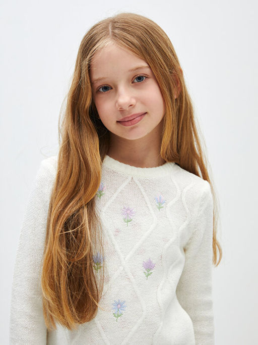 Bisiklet Yaka Nak??l? Uzun Kollu K?z ?ocuk Triko Kazak