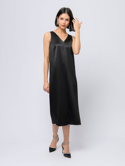 Платье черного цвета длины миди с V-образным вырезом и без рукавов - 1001dress фото 2