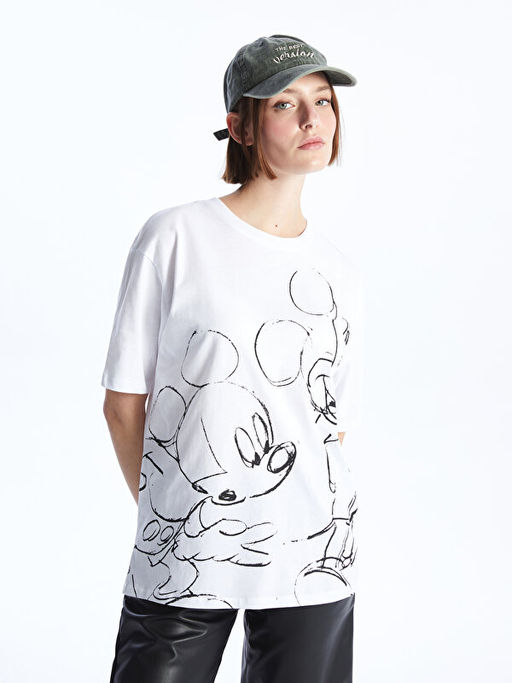 Bisiklet Yaka Mickey Mouse Bask?l? K?sa Kollu Oversize Kad?n Ti??rt - Waikiki фото 2