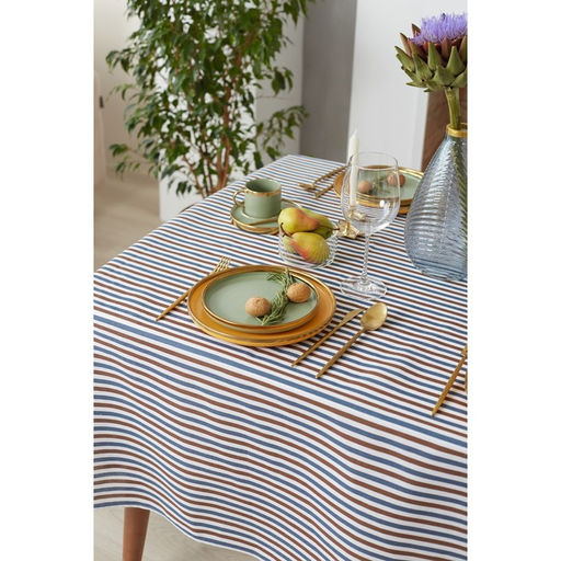 Скатерть Доляна 145х145см, Полоска цвет сине-коричневый, 100% п/э, рогожка, 200 гр/м  фото 4