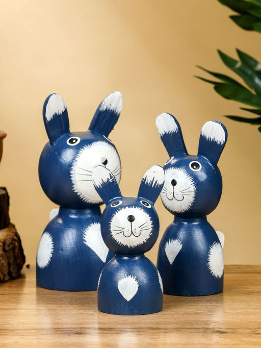 Набор сувенирный Зайки, h=14 см, h=12 см, h=9 см, дерево, синий