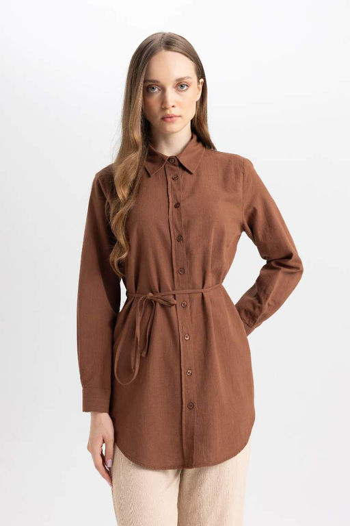 Базовая рубашка-туника из поплина с длинными рукавами стандартного кроя - Defacto фото 4