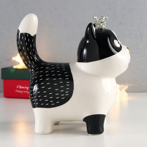 Фигурка керамика «Котик в короне», бело-чёрный с золотом, 16.3×7.5×15 см