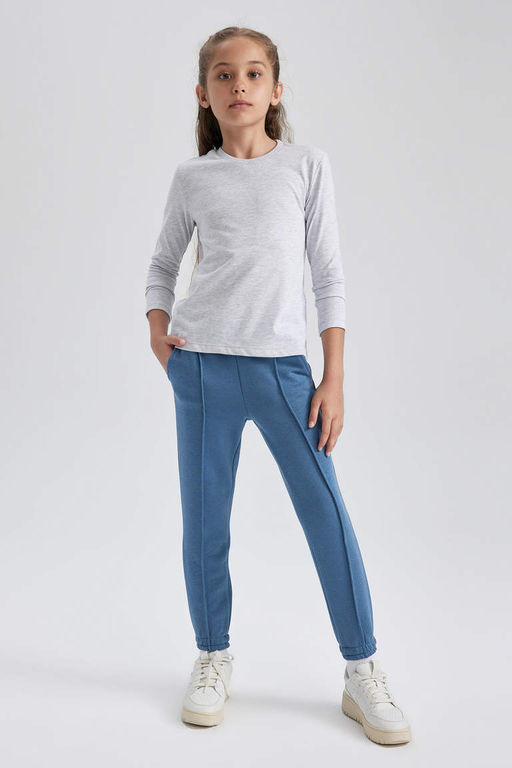 Серая школьная футболка с длинными рукавами из чесаного хлопка с круглым вырезом для девочек - Defacto фото 2