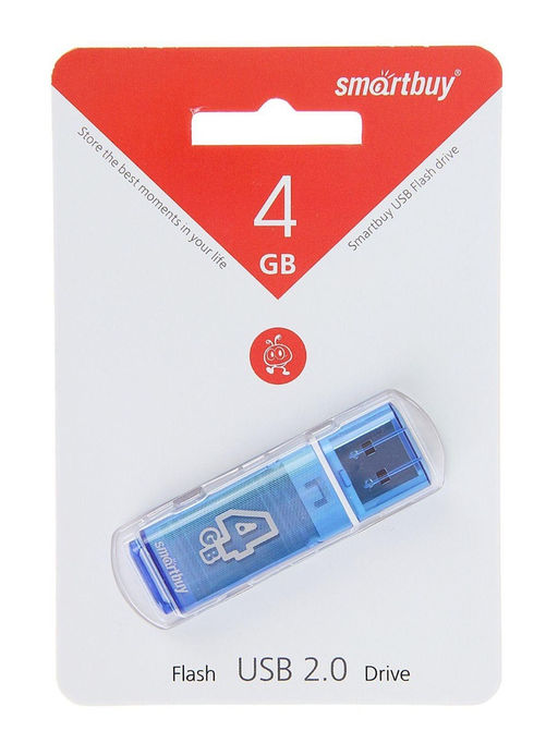 Флешка Smartbuy Glossy, 4 ГБ, USB 2.0, чтение до 25 Мб/с, запись до 15 Мб/с, синяя