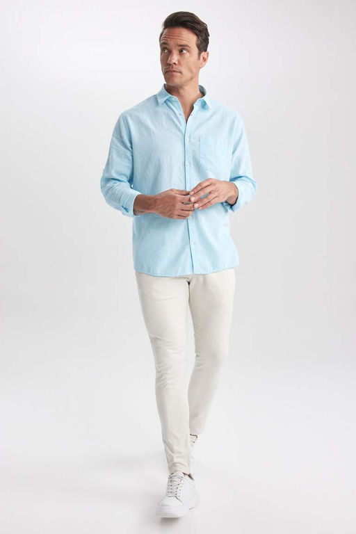 Льняная рубашка обычного кроя с воротником поло и длинными рукавами - Defacto фото 7