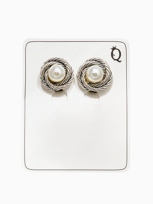 Клипсы для ушей QF Грейс, закругление с бусиной, цвет белый в чернёном серебре