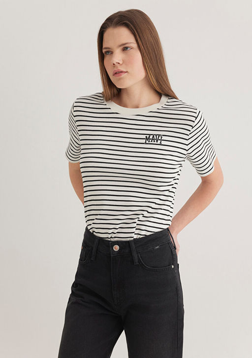 Mavi Logo Bask?l? Siyah Cizgili Tisort  фото 3