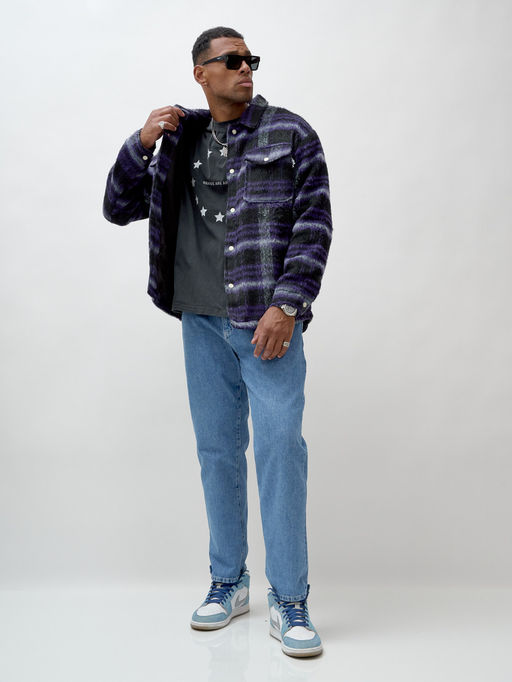 Куртка рубашка шерстяная в клетку мужская демисезонная темно-фиолетового цвета 58569TF