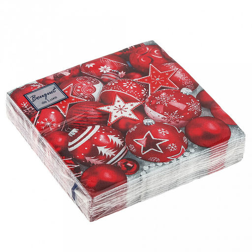 Салфетки бумажные "Bouquet de Luxe" 24х24см, 3-х слойные, 25 штук в упаковке, 100% целлюлоза, "Новогодняя композиция. Красная" (Россия)