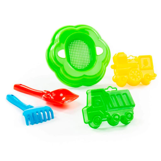 Набор детский №89 ( ситечко-цветок большое, лопатка №5, грабельки №5, формочки 2 шт.) арт. 7193