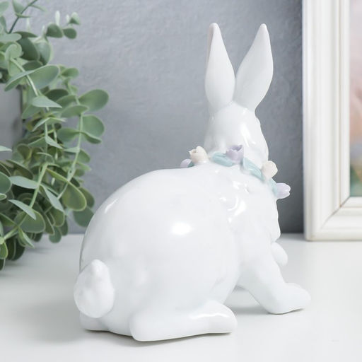 Фигурка керамика «Белая зайка с розовым бантом и розочками», 15×8×15 см