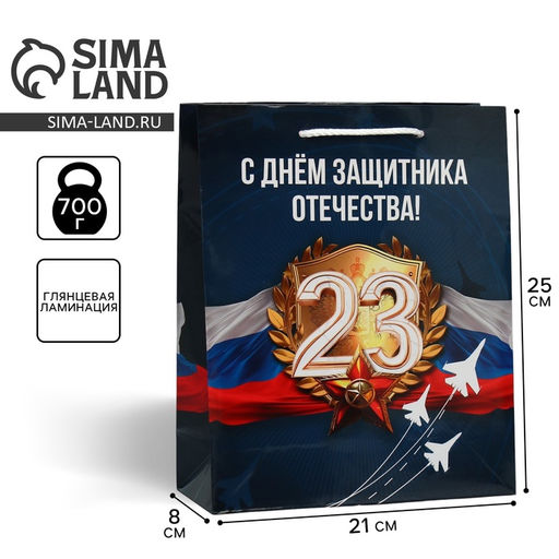 Цена за 2 шт. Пакет подарочный ламинированный, упаковка, «С 23 февраля», ML 21×25×8 см