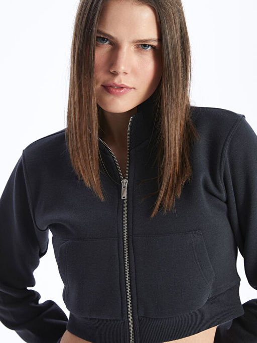 Dik Yaka D?z Crop Kad?n Fermuarl? Sweatshirt