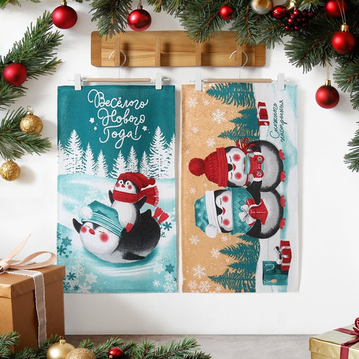 Набор новогодних кухонных полотенец Доляна Снежного настроения  35?60 см-2 штуки, 100% хлопок