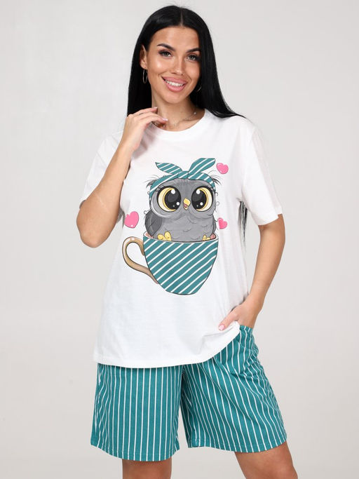 691 ПИЖАМА ЖЕНСКАЯ (шорты) (Изумрудный (полоса)) - А-дина фото 3