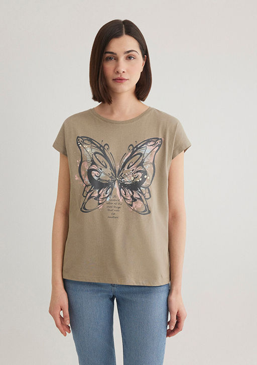 Kelebek Bask?l? Kahverengi Tisort - Mavi фото 4