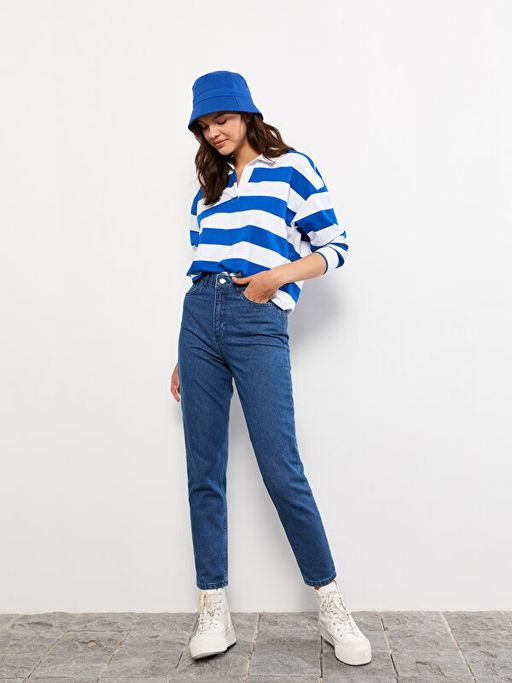 Kad?n Y?ksek Bel Mom Fit D?z Jean Pantolon
