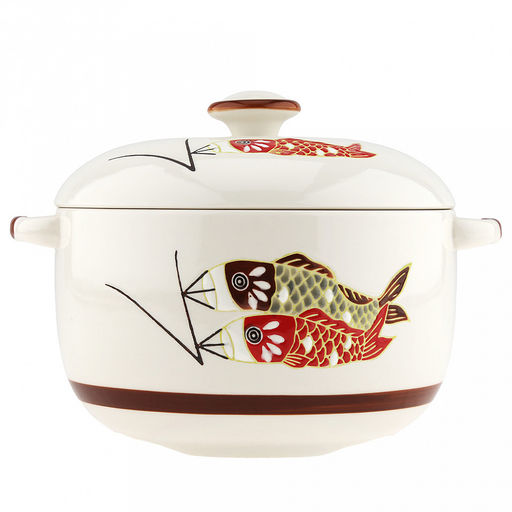 Супница фарфоровая Улов 2,1л, д18,5см, h11,5см, общая h16см, с крышкой, 2 ручки, с деколью, молочный, в коробке (Китай)