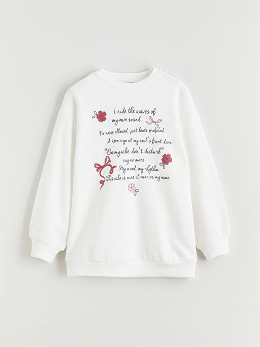 Bisiklet Yaka Bask?l? K?z ?ocuk Kal?n Sweatshirt