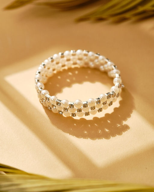 Браслет-пружинка «Жемчуг. Стразы», d=6 см, шар № 6, белый в серебре