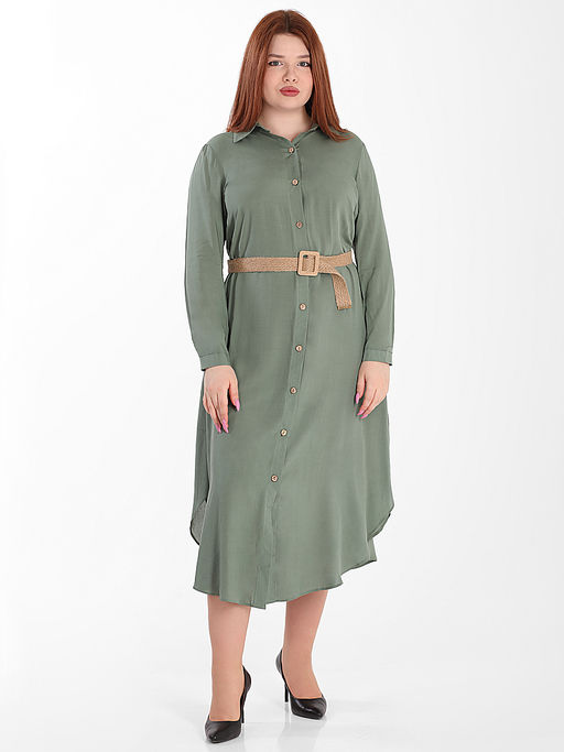 Платье-рубашка длинное цвета хаки с плетеным поясом - Almond фото 2