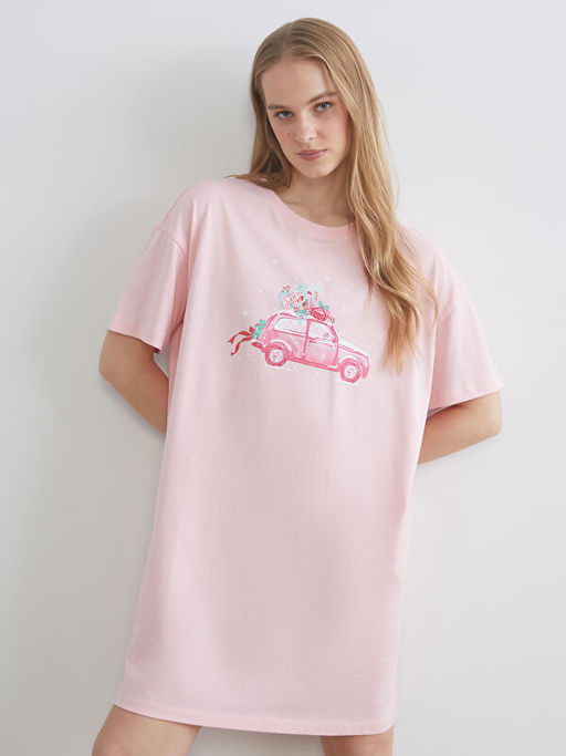 Bisiklet Yaka Bask?l? Kad?n Gecelik