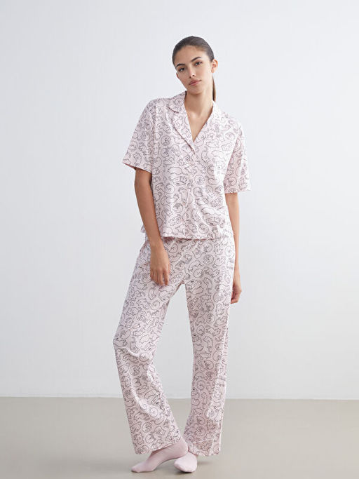 G?mlek Yaka Bask?l? Kad?n Pijama Tak?m?