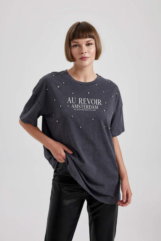 Футболка оверсайз с круглым вырезом и принтом из чесаного хлопка с короткими рукавами - Defacto фото 3