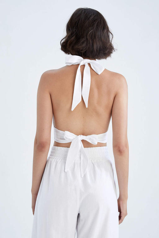 Укороченная блузка из льняной смеси приталенного воротника с бретелькой на шее - Defacto фото 7