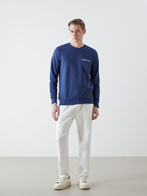 Bisiklet Yaka Uzun Kollu Bask?l? Erkek Sweatshirt