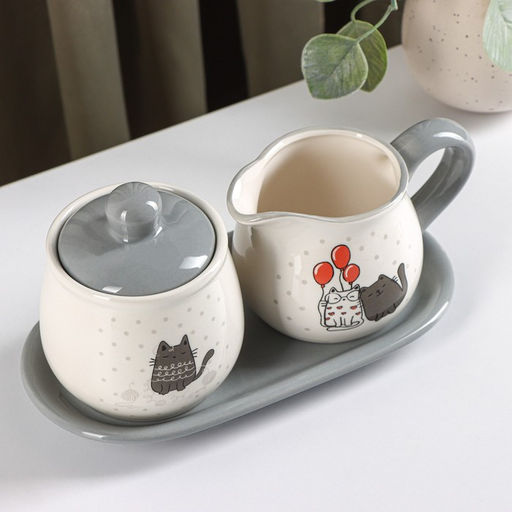 Набор сервировочный Доляна Уютные коты, 2 предмета: молочник 270 мл, сахарница 310 мл, белый, серый