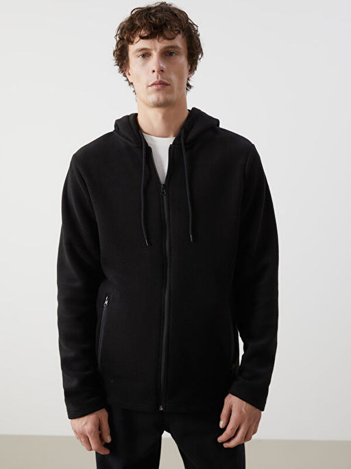 Kap??onlu Uzun Kollu Polar Erkek Fermuarl? Sweatshirt