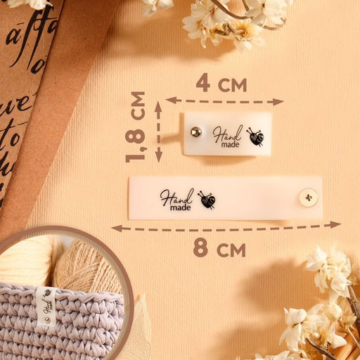 Цена за 2 шт. Бирка с кнопкой Hand made, 8×1.8 см, 10 шт., белая, чёрная