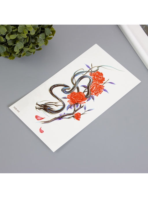 Цена за 2 шт. Переводная тату на тело цветная Китайский дракон с розами, 11.4?21 см