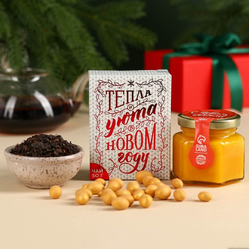 Подарочный набор новогодний С Новым годом, чай 50 г, крем-мед 120 г, носки 36-39 р, термос 500 мл, арахис в глазури 100 г