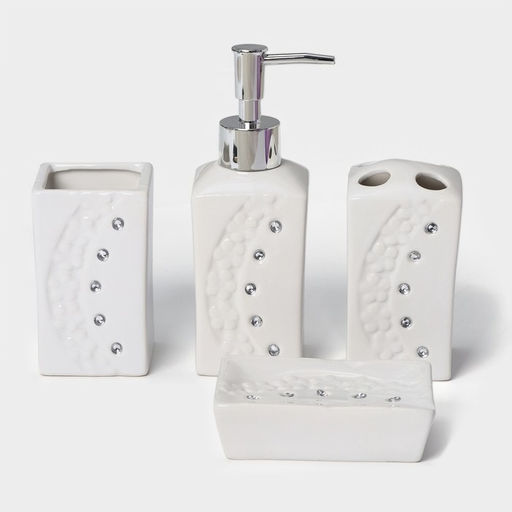 Аксессуары для ванной Доляна Цветочный барельеф, 4 предмета, дозатор 270 мл, мыльница, 2 стакана 210 мл, белые  фото 4