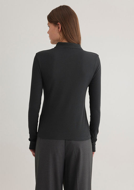 Polo Yaka Uzun Kollu Antrasit Tisort - Mavi фото 4