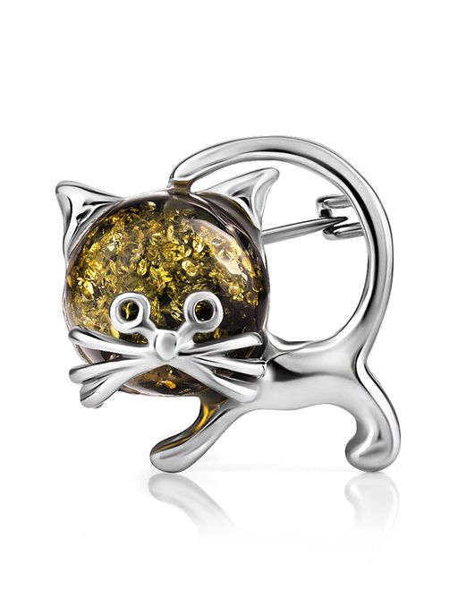 Забавная брошь из серебра с натуральным янтарём зелёного цвета Чешир