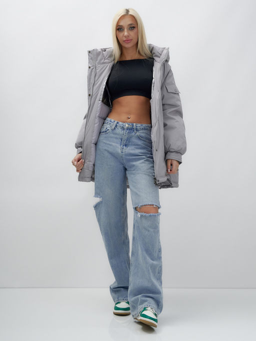 Куртка летучая мышь женская с капюшоном зимняя серого цвета 9630Sr - Mtforce фото 14