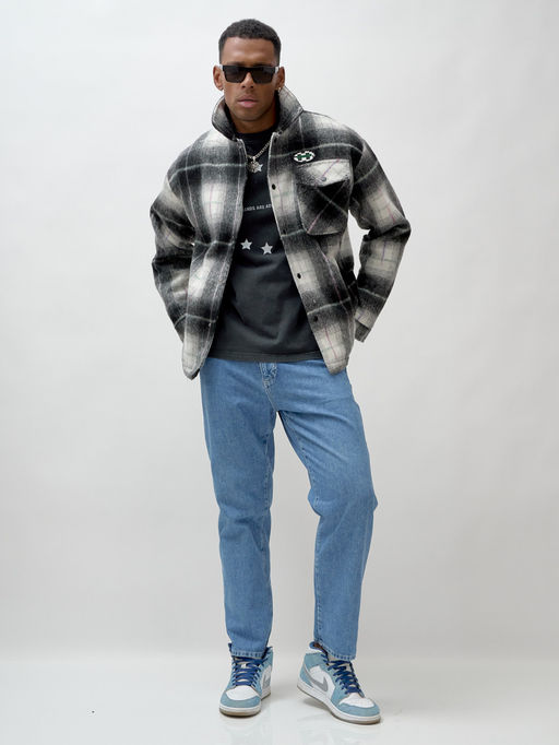 Куртка рубашка шерстяная в клетку мужская демисезонная темно-серого цвета 58592TC